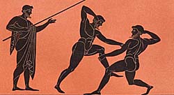 Greek wrestling match with arbiter